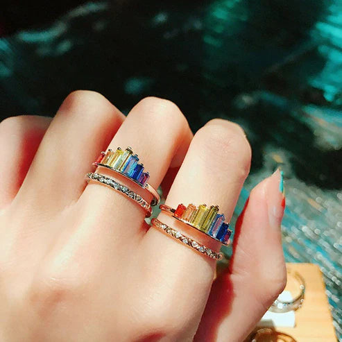 Radiant Pride Tiara Crown Ring – Rainbow Gem LGBTQ+ Jewelry for Your Queen – (One Size Fits All)
