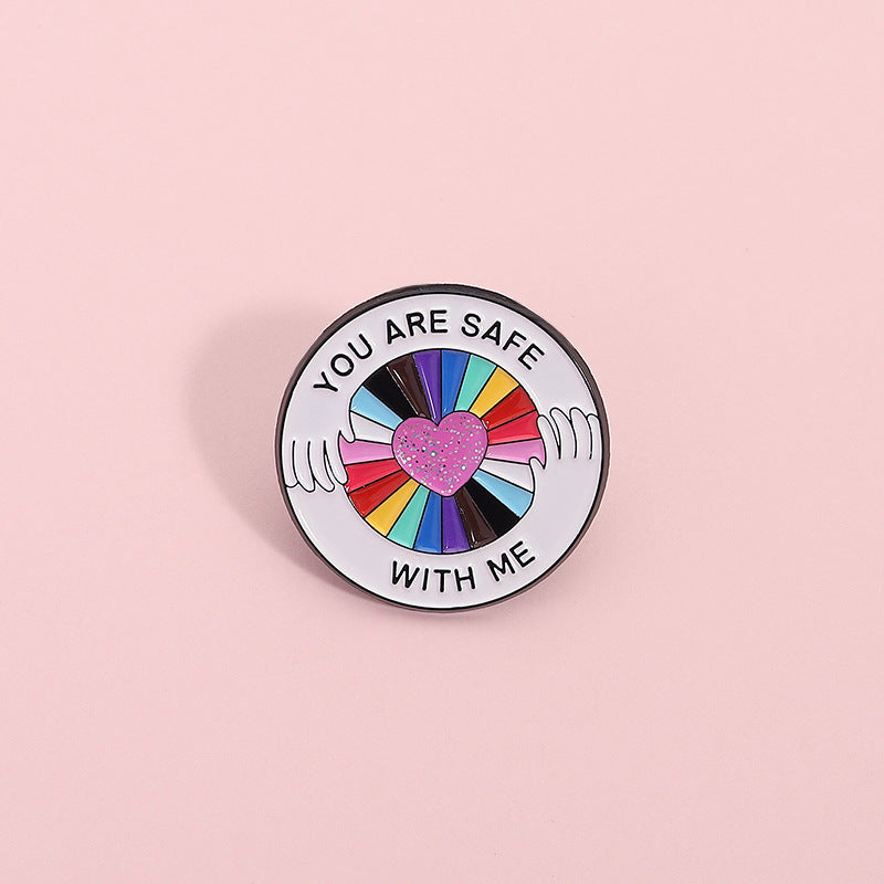 You Are Safe With Me Enamel Brooch – LGBTQ+ Pride Pin, Mental Health Awareness Gift, Rainbow Heart Lapel Pin