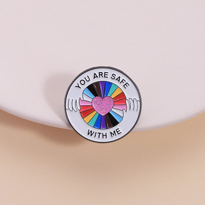 You Are Safe With Me Enamel Brooch – LGBTQ+ Pride Pin, Mental Health Awareness Gift, Rainbow Heart Lapel Pin