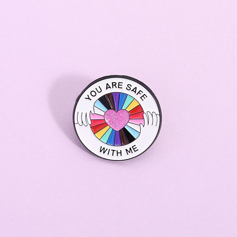 You Are Safe With Me Enamel Brooch – LGBTQ+ Pride Pin, Mental Health Awareness Gift, Rainbow Heart Lapel Pin